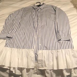 Long pinstripe blouse with ruffle bottom
